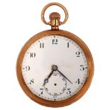 An early 20th century 9ct gold open-face keyless pocket watch, white enamel dial with Arabic