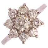 An 18ct white gold diamond flowerhead cluster ring, set with modern round brilliant-cut diamonds,