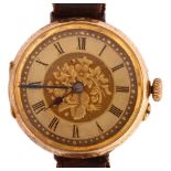 A Continental 14ct gold converted fob watch wristwatch, engraved floral dial with Roman numeral hour