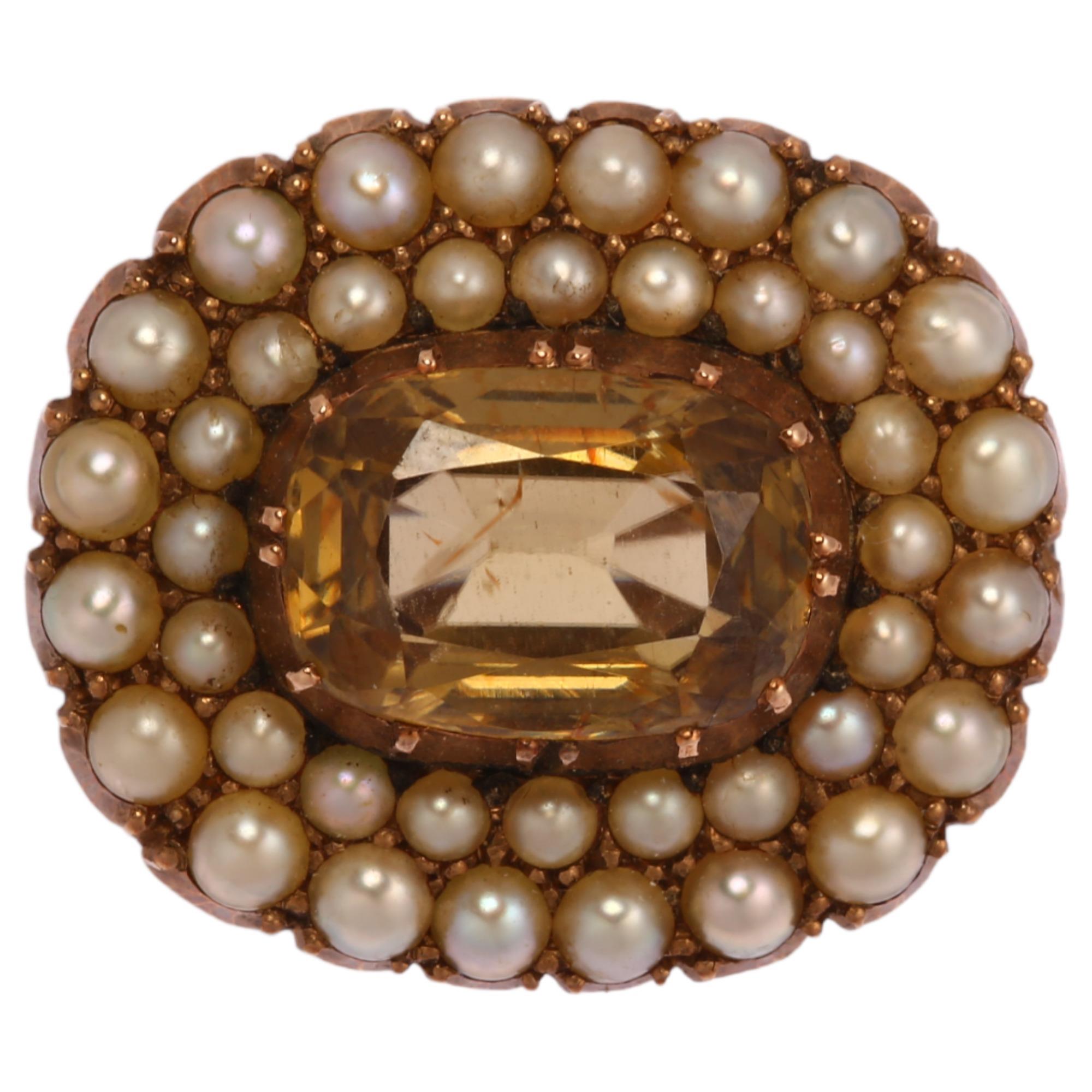 A Georgian chrysoberyl and split pearl cluster mourning brooch, unmarked gold settings, length 18mm,