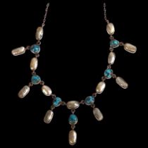 A silver turquoise and mother-of-pearl set fringed necklace, mid-20th century, length 41cm, unmarked