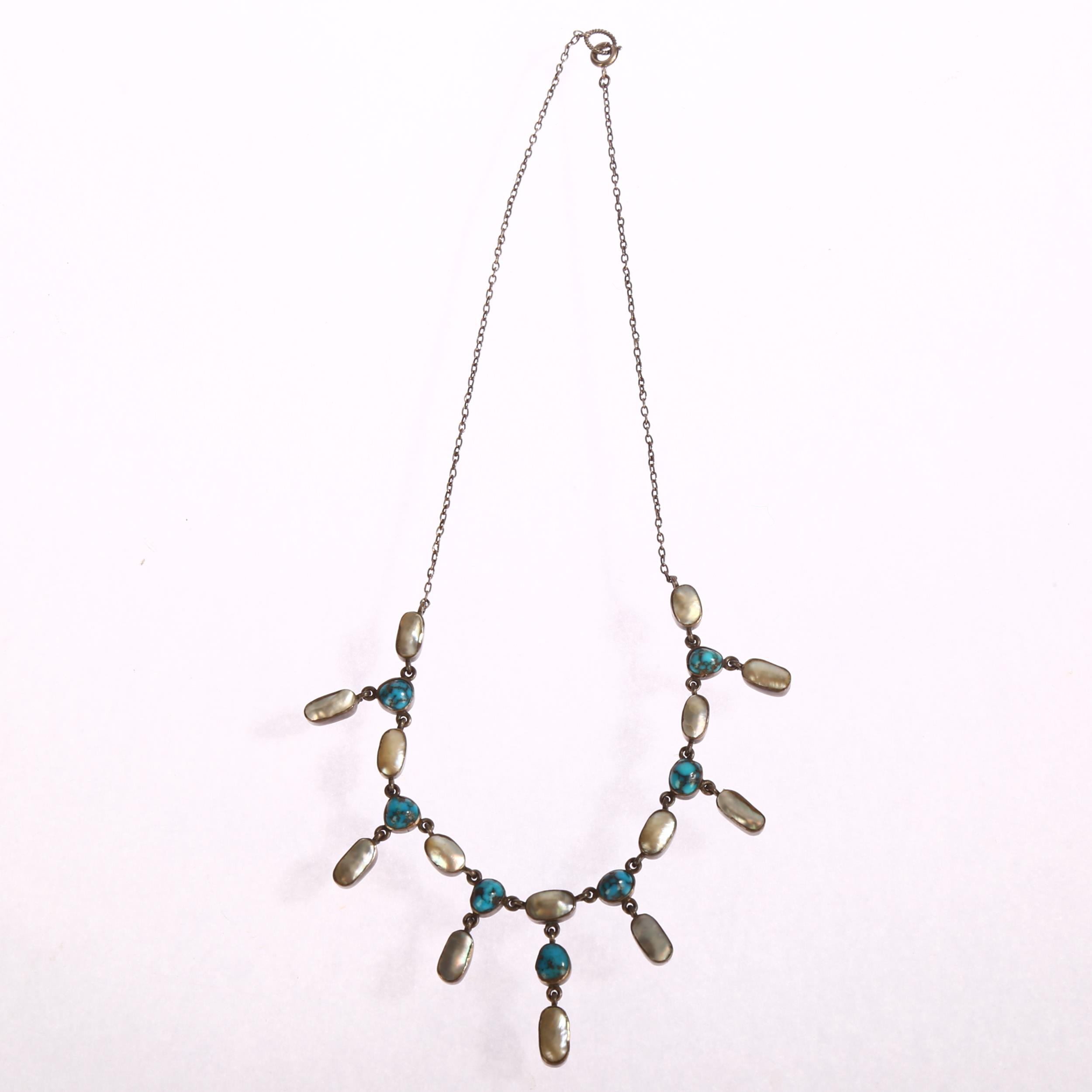A silver turquoise and mother-of-pearl set fringed necklace, mid-20th century, length 41cm, unmarked - Image 2 of 3