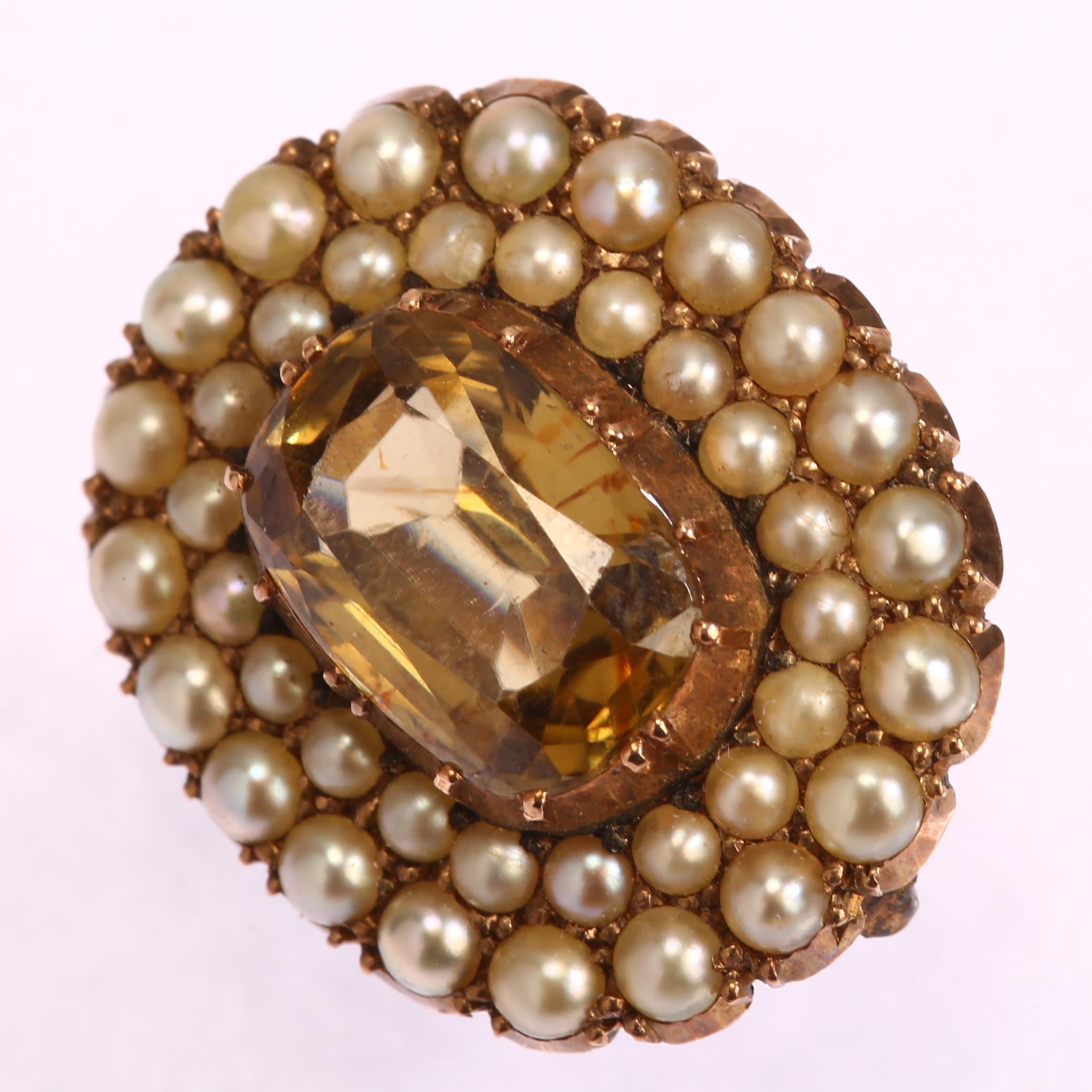 A Georgian chrysoberyl and split pearl cluster mourning brooch, unmarked gold settings, length 18mm, - Image 2 of 3