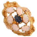 A late 20th century sapphire and opal openwork cluster ring, unmarked gold textured settings, with