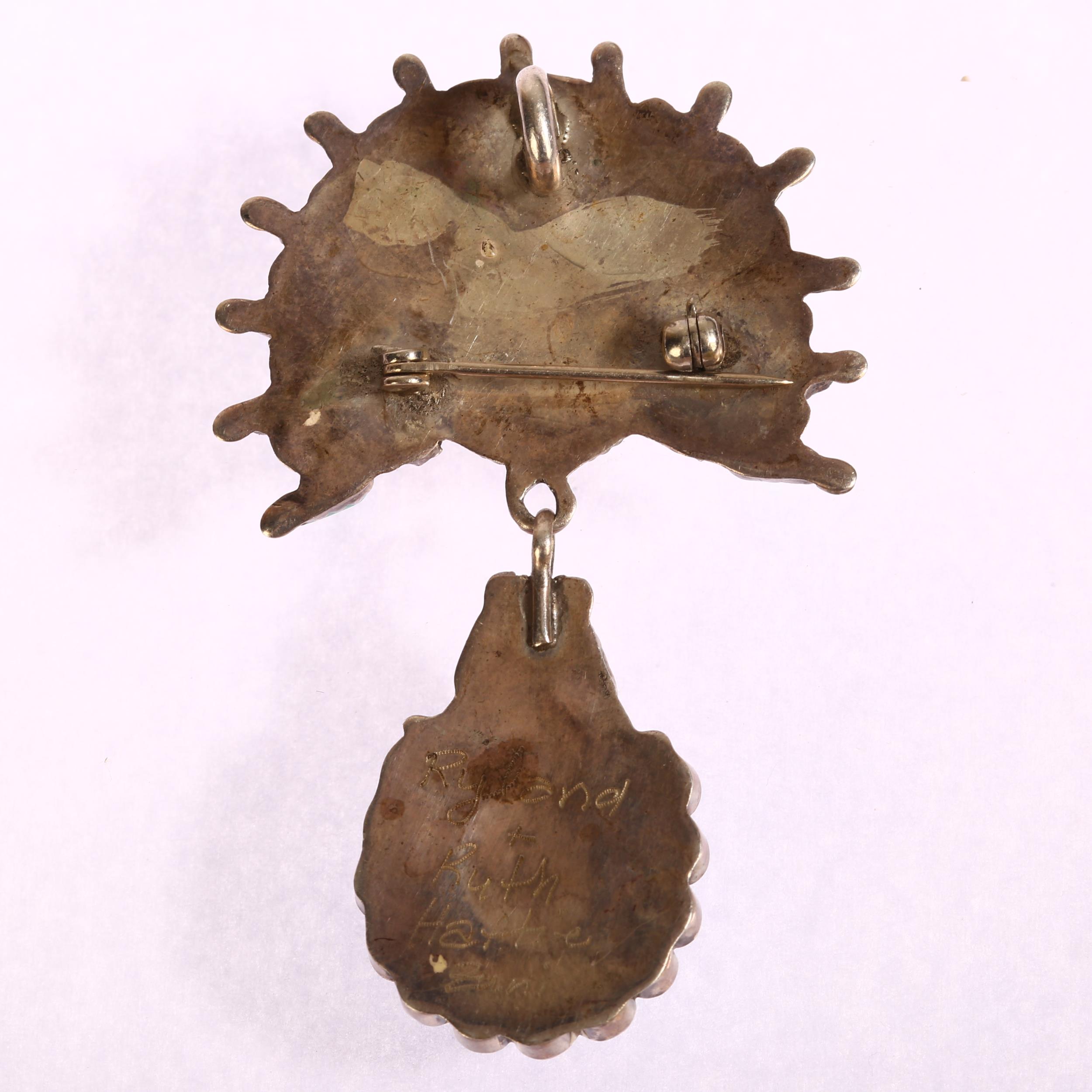 A Native American silver drop pendant brooch, Zuni (Leo Poblano), inlaid with jet coral mother-of- - Image 2 of 3