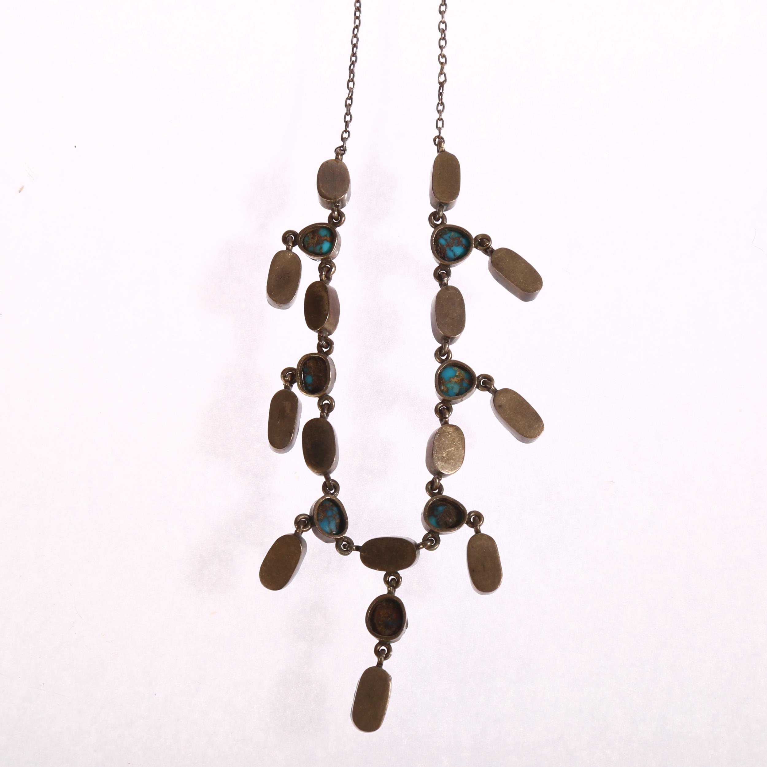 A silver turquoise and mother-of-pearl set fringed necklace, mid-20th century, length 41cm, unmarked - Image 3 of 3