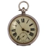 An early 20th century silver-cased open-face key-wind pocket watch, white enamel dial with Roman