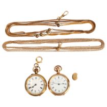 2 gold plated open-face keyless fob watches, with gold plated long guard chains, both working
