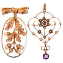 A 14ct gold pearl acorn drop brooch, and an Edwardian 9ct gold openwork pendant, brooch height 35.