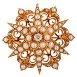 A Victorian split pearl and diamond 6-ray starburst brooch, unmarked gold settings with central 0.