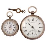 2 silver open-face key-wind pocket watches, including Waltham model, largest case width 52mm, not