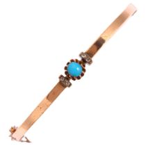 A 14ct rose gold turquoise glass and diamond hinged bangle, tongue stamped with maker's mark, band