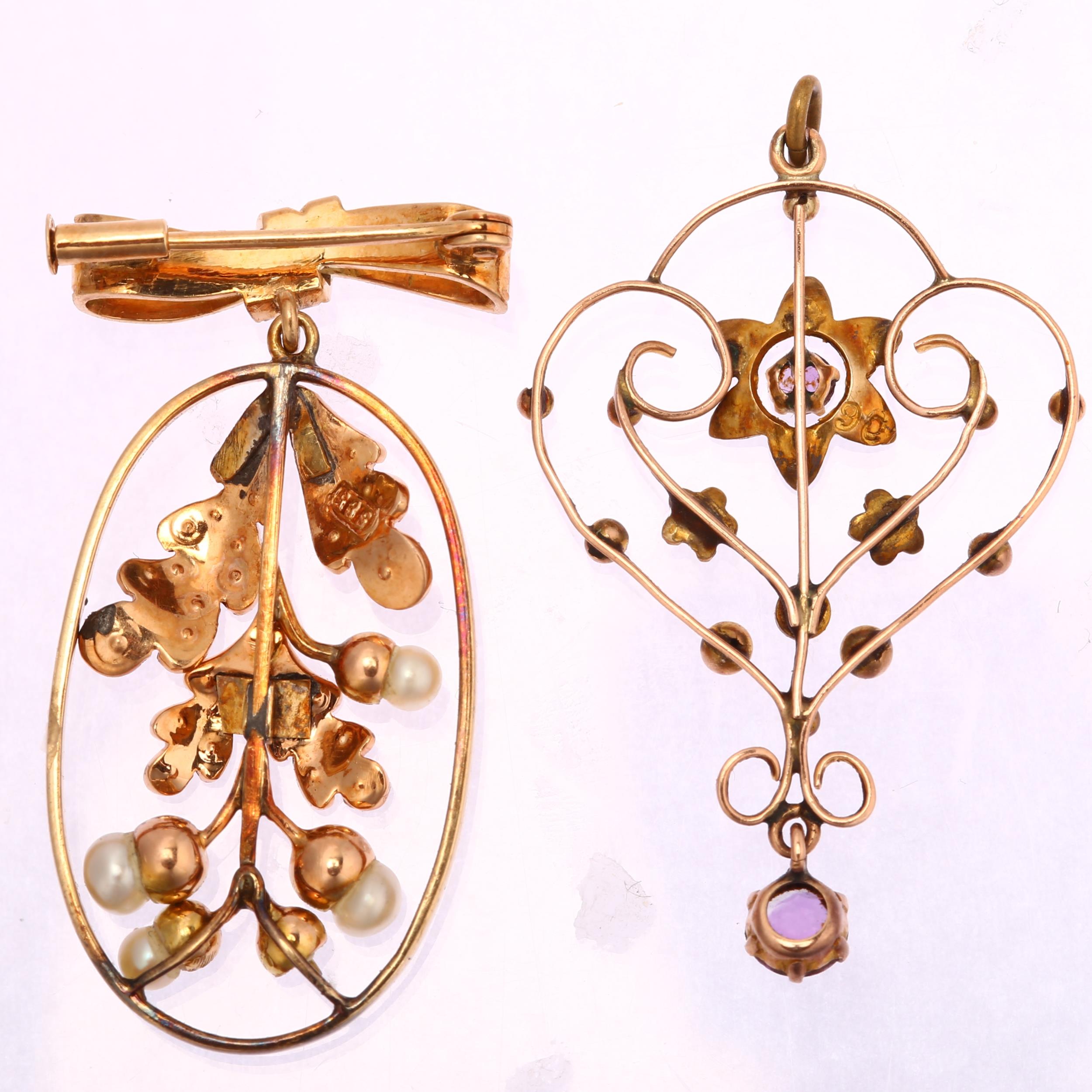 A 14ct gold pearl acorn drop brooch, and an Edwardian 9ct gold openwork pendant, brooch height 35. - Image 2 of 3