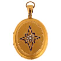 A Victorian split pearl and blue enamel star locket pendant, unmarked gold settings, pendant