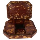 A 19th century Chinese red lacquered games box, the lift-off lid revealing a set of 7 fitted