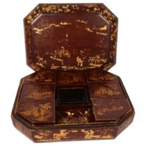 A 19th century Chinese red lacquered games box, the lift-off lid revealing a set of 7 fitted