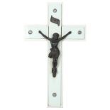 A large white marble cross with a pewter figure of Jesus, H61cm, with an aluminium back