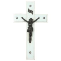 A large white marble cross with a pewter figure of Jesus, H61cm, with an aluminium back