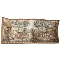 A machine woven Belgian tapestry, depicting a Medieval village scene, celebratory mood, 85cm x 190cm