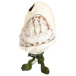 A large cameo conch shell light fitting, with Koi or other Japanese style fish verdigris base, H28cm