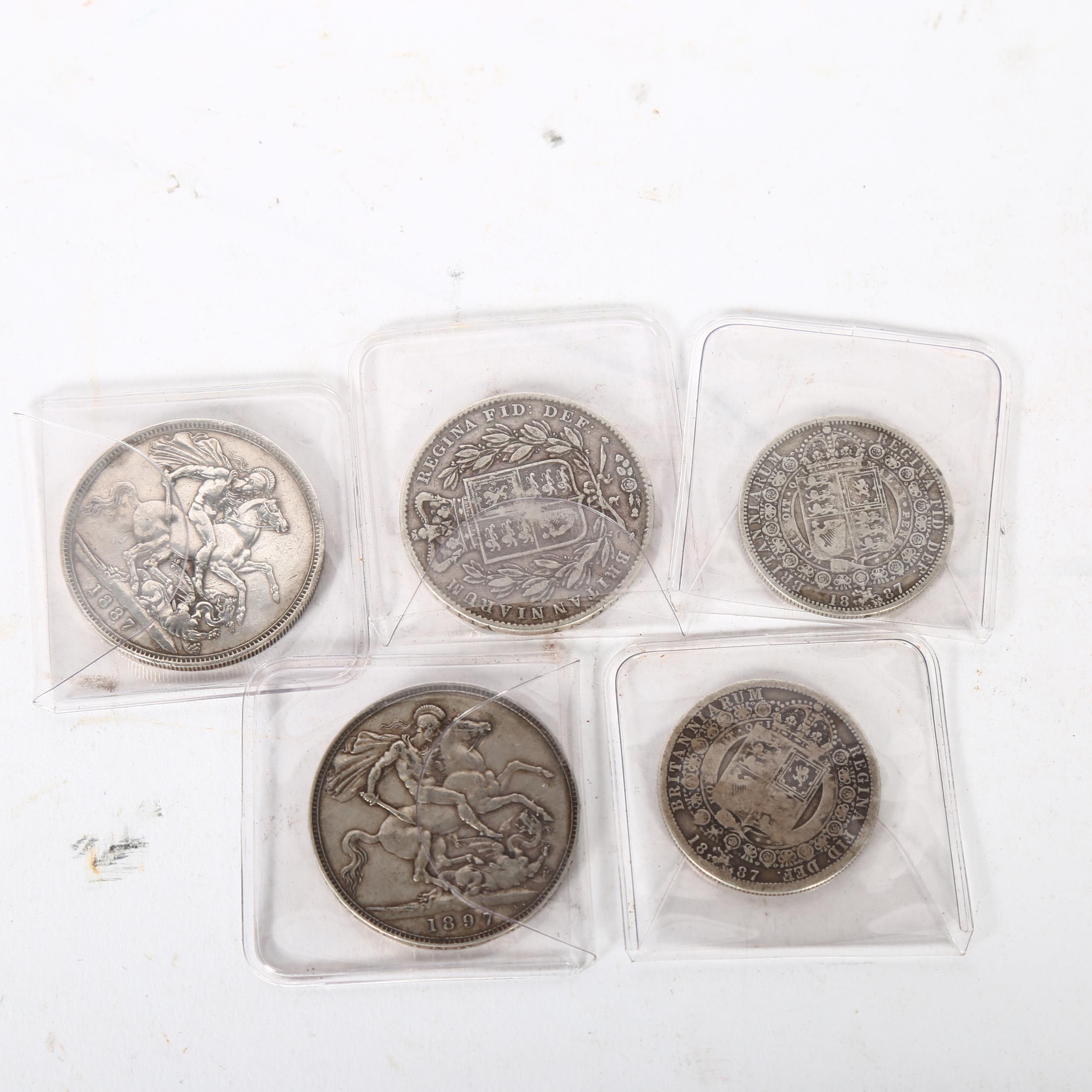 5 various Victorian silver coins, to include 3 x 19th crowns, 1844 1887 and 1898, and 2 half crowns - Image 2 of 2