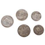 5 various Victorian silver coins, to include 3 x 19th crowns, 1844 1887 and 1898, and 2 half crowns