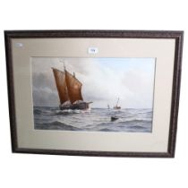 W H Tierney, watercolour, Dundee fishing boats off the coast, 55cm x 73cm overall, framed
