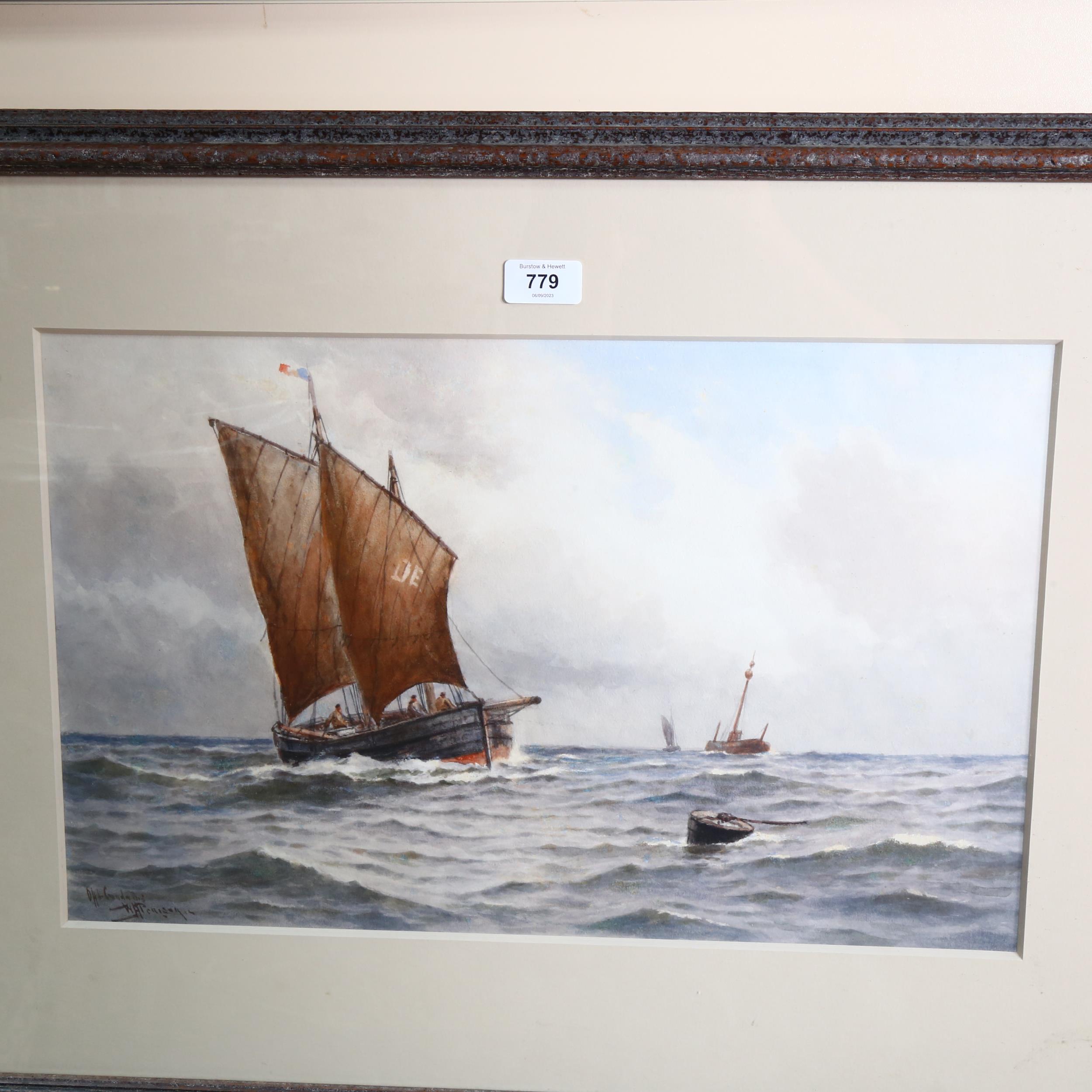 W H Tierney, watercolour, Dundee fishing boats off the coast, 55cm x 73cm overall, framed - Image 2 of 2