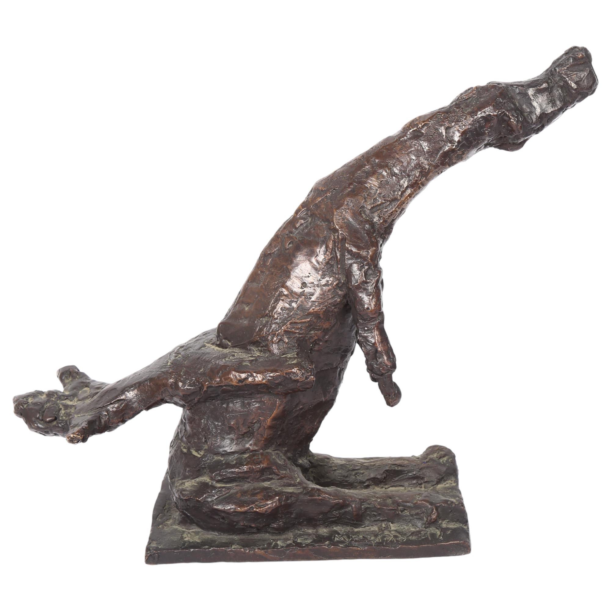 Manner of Marino Marini, a mid-century abstract bronze sculpture of a man on a rearing horse, signed