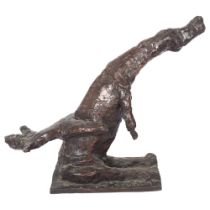 Manner of Marino Marini, a mid-century abstract bronze sculpture of a man on a rearing horse, signed