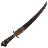 An Indo-Persian short curved sword with steel guard and carved wood handle, together with leather