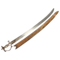 An Indian Tulwar sword with wooden scabbard, blade length 87cm, overall length approx 100cm Blade