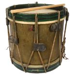 A 20th century military drum, with brass body and painted wood mounts, H38cm, D37cm, and a pair of
