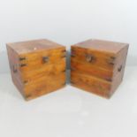 A pair of modern stained pine metal bound storage boxes. 42x41x40cm.