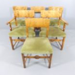 A set of six 1920s Swedish Grace Art Deco dining chairs in flame birch with Neoclassical carved