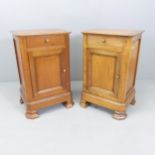 A pair of French cherrywood pot cupboards, with single drawer and cupboard under. 48x72x36cm. Good