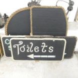 Five various blackboards with rope surrounds, the currant script on them can be removed or