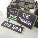 Six various blackboards with rope surrounds, the currant script on them can be removed or