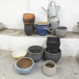 Nine various glazed ceramic garden planters, largest 68x28cm, a kitchen bowl, and two galvanised