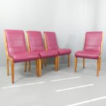 A set of four Hille 1930s Art Deco side chairs in satin birch with burr wood veneer back, with later