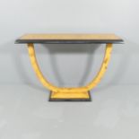 A contemporary Art Deco style burr walnut veneered and ebonised console table. 120x88x40cm. Good