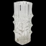 A mid-century heavy walled geometric clear glass vase, height 24.5cm Good condition, no chips or