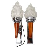 A pair of Art Deco bakelite and Chrome wall lights, with flame glass shade, length of back plate