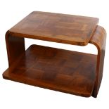 A 1930s 2 tier Art Deco coffee table with geometric parquetry surfaces, height 53cm, length 76cm,
