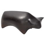 John Fox (d1991), a an ebony carved wood stylised bull sculpture, monogram to underside, length 11cm