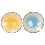 John Dunn (b1944), 2 large Raku studio pottery centre bowls, signed to base, diameter of both 33.5cm