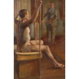 Artist and model in the studio, mid-20th century oil on board, unsigned, 62cm x 41cm, framed Good