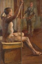 Artist and model in the studio, mid-20th century oil on board, unsigned, 62cm x 41cm, framed Good
