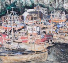Ian Tyler, Hastings fishing beach scene, mixed media watercolour/gouache, 27cm x 30cm, framed,