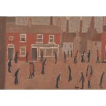 Style of L S Lowry, the newsagent, oil on board, unsigned, 27cm x 37cm, framed Good condition